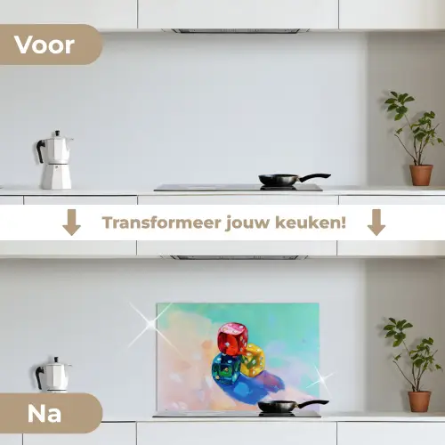 Dobbelstenen - Kleurrijk - Getallen - Stipjes keuken achterwand spatscherm klein -voor_na_NL