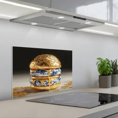 Delftsblauw - Goud - Burger keuken achterwand spatscherm klein -3d_schuin