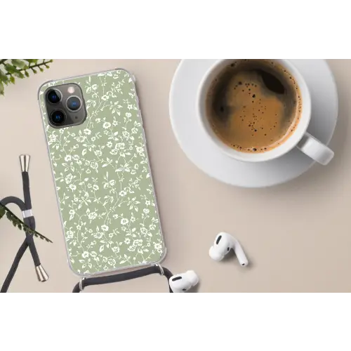 Bloemen - Print - Groen - Wit Hoesje iPhone 12 Pro met koord klein -oordop