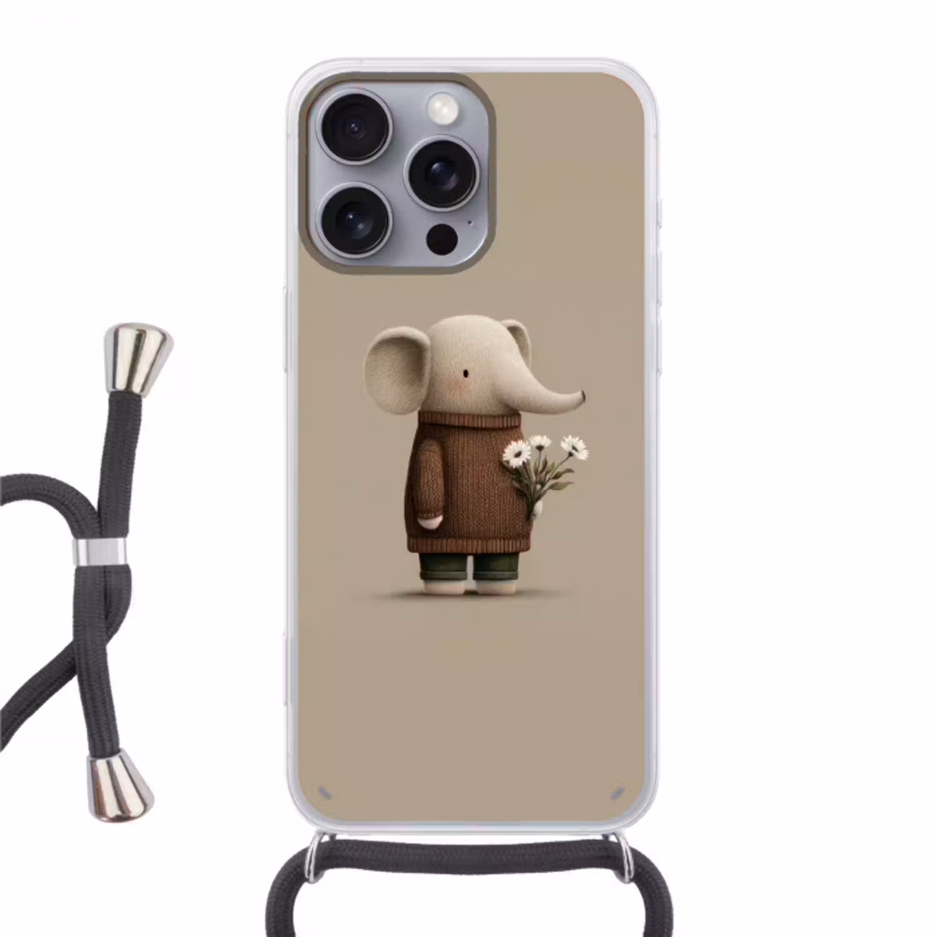 Olifant - Witte bloemen - Kindvriendelijk Hoesje iPhone 16 Pro Max met koord klein -3d