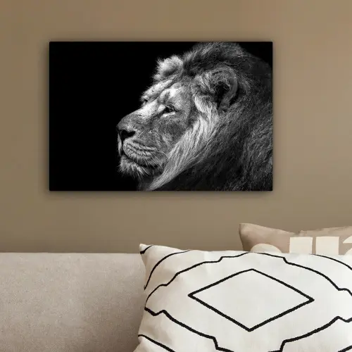 Leeuw tegen zwarte achtergrond in zwart-wit canvas 2cm klein -sfeer3