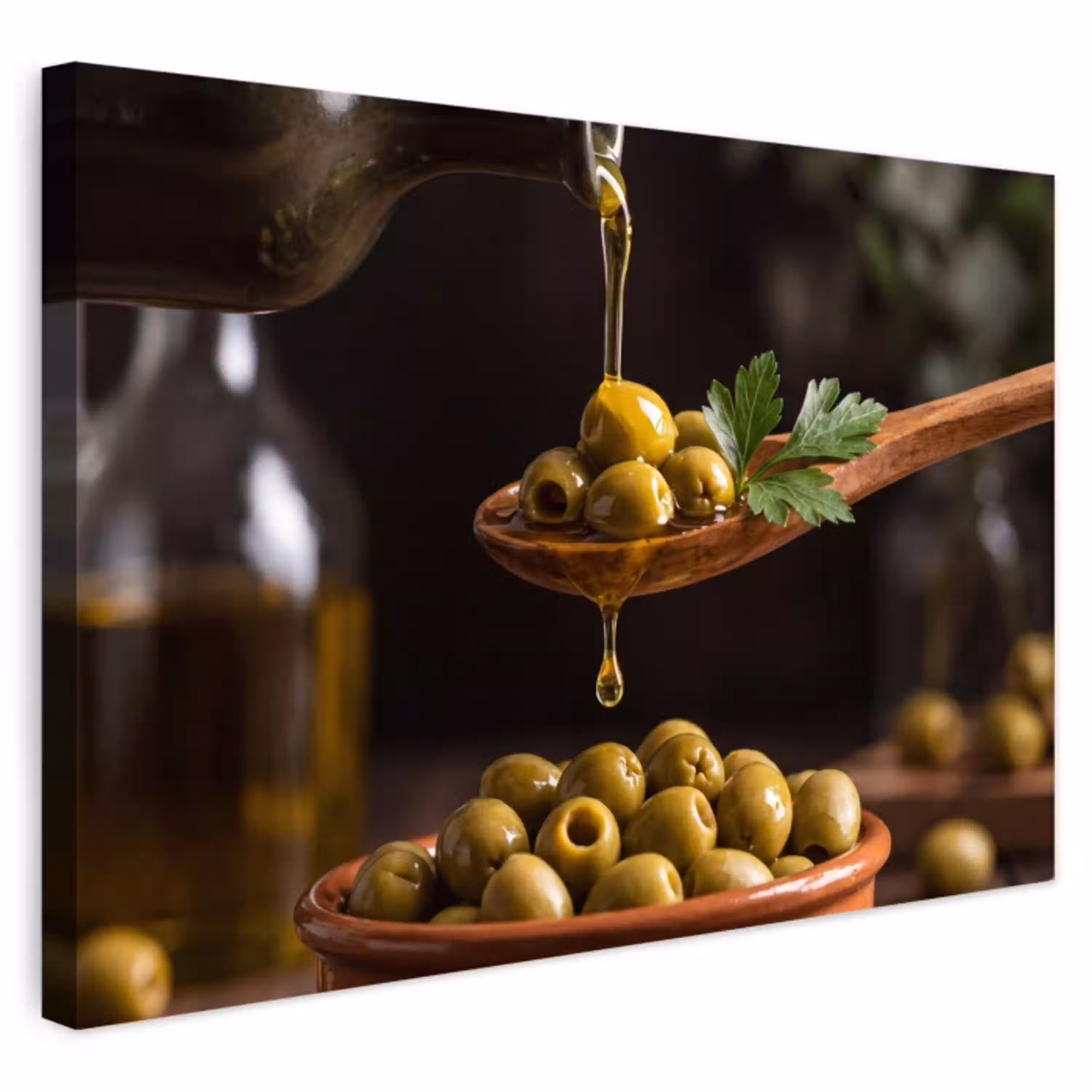 Olijven - Olijfolie - Eten Tuinposter op houten frame 2 cm dik klein -3d