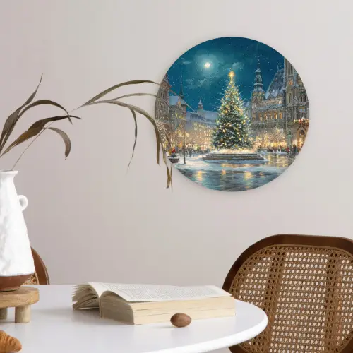 Kerstnacht - Stadsplein - Meerkleurig Wandcirkel kunststof plaat 5mm dik klein -sfeer4