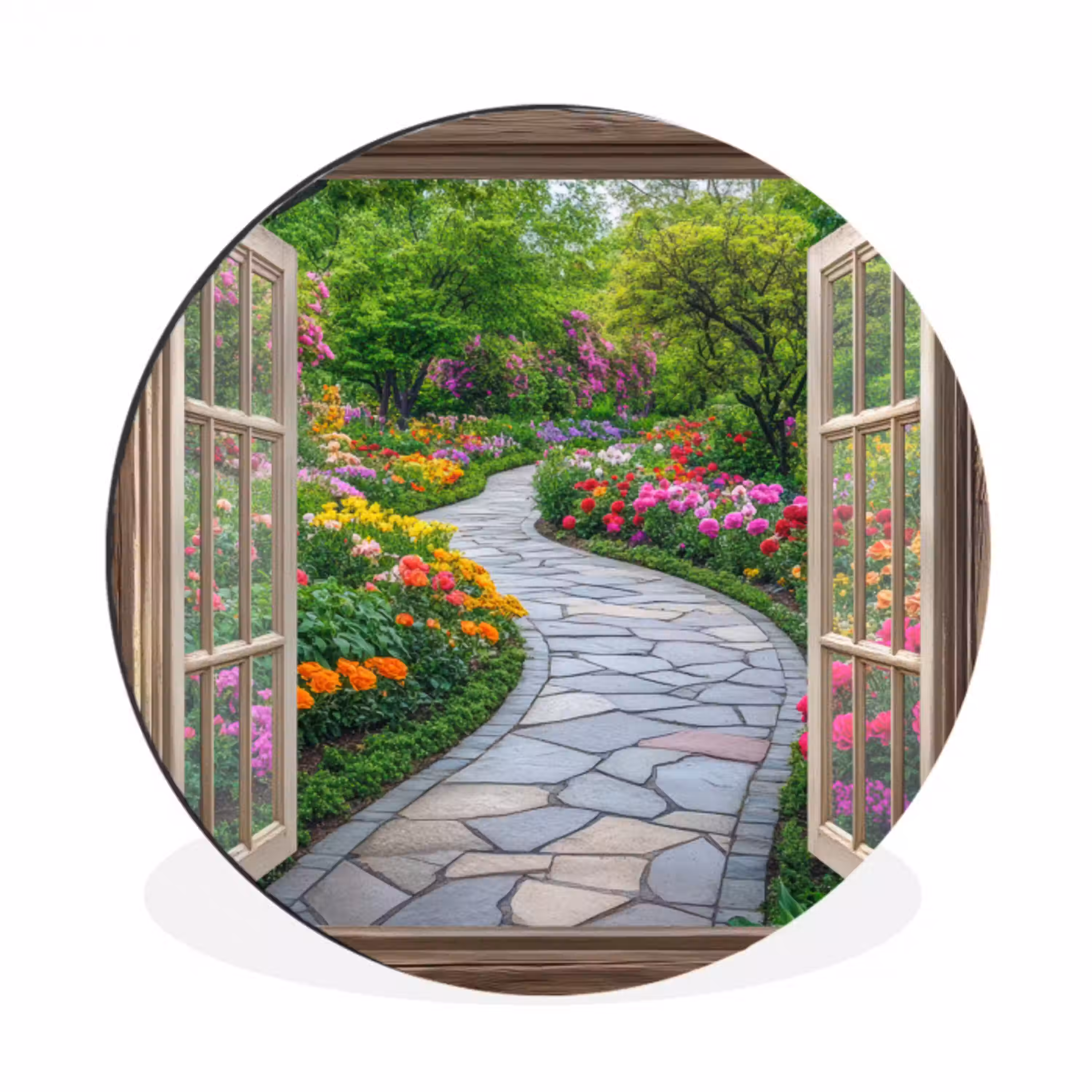Doorkijk - Bloemen - Tuinpad - Natuur - Raam Wandcirkel aluminium klein -3d