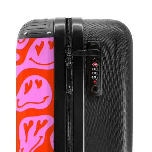 Abstracte smileyfiguren met hartogen op rood en roze NBS - Handbagage koffer - Kinderen Unisex middel -slot