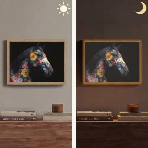 Paard - Bloemen - Zwart Light Box met batterij (Wandlamp) middel -sfeer3