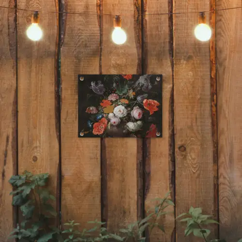 Stilleven met bloemen en een horloge - Schilderij van Abraham Mignon tuinposter los doek klein -sfeer1