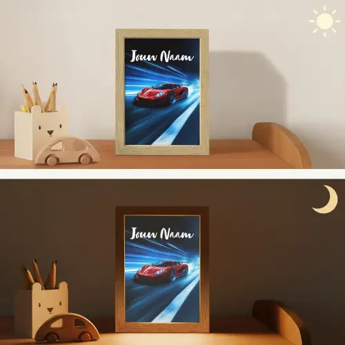 Rode raceauto - Blauw - Futuristisch Light Box met kabel (Kinderlampje) klein -sfeer3_kind