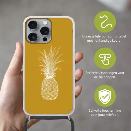 Lijnillustratie - Ananas - Bladkroon - Okergeel Hoesje iPhone 16 Pro Max met koord klein -sfeer2_NL