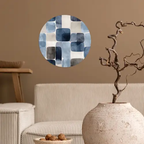 Patroon - Blauw - Vierkanten Wandcirkel behangsticker klein -sfeer1