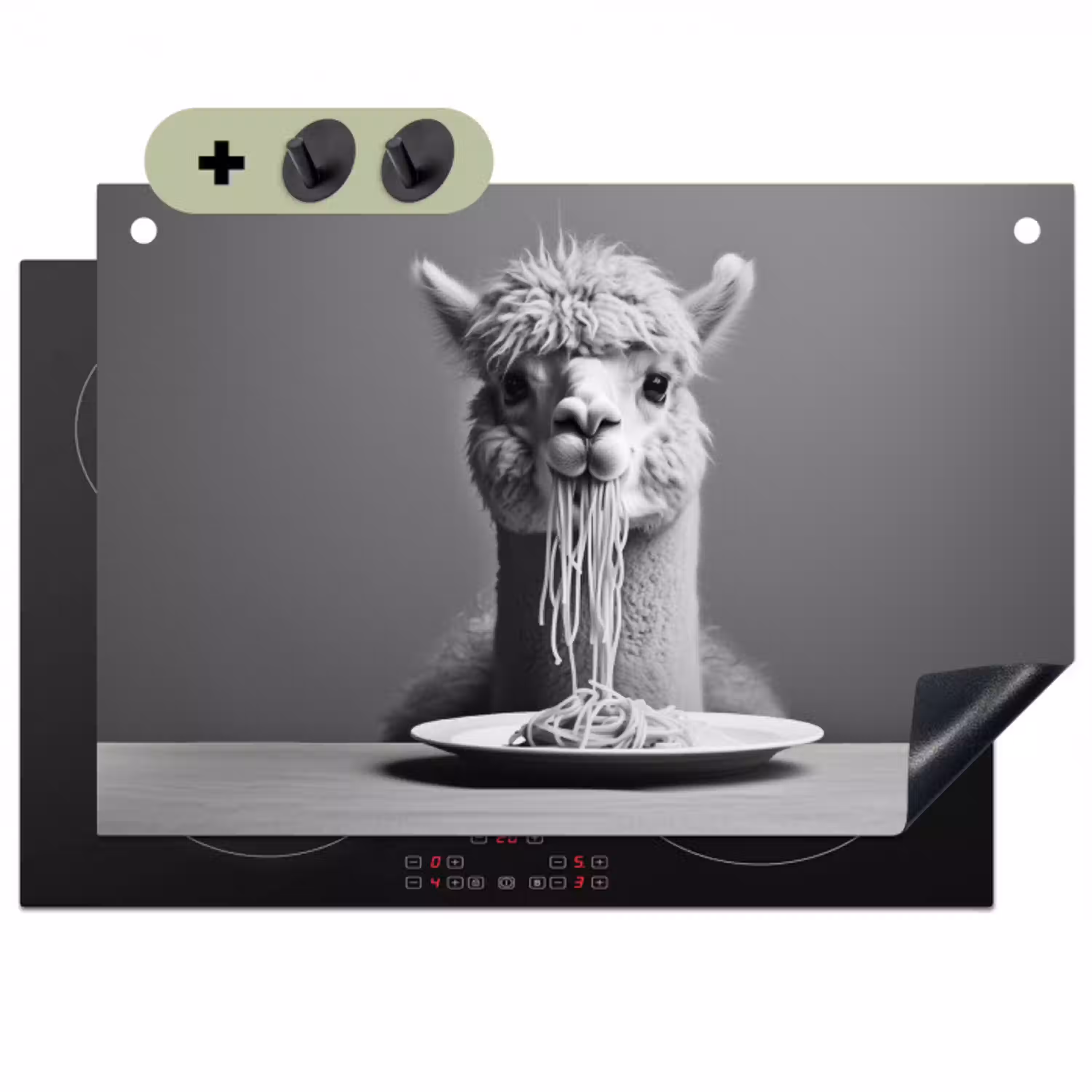 Alpaca - Pasta - Zwart - Wit - Grappig - Dieren Inductie beschemer met haakjes klein -3d