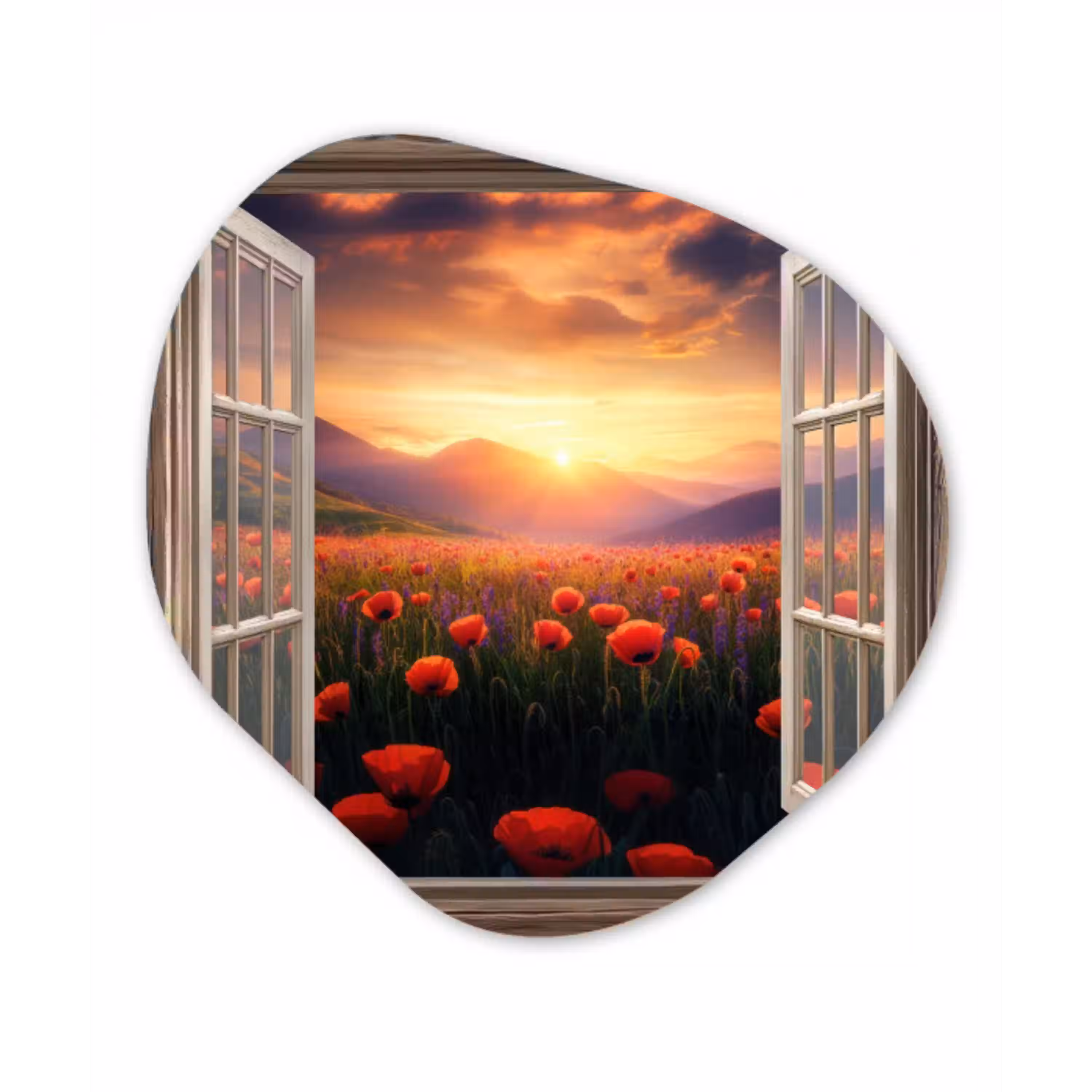 Doorkijk - Klaprozen - Bloemen - Rood - Open raam Wandcirkel Organisch Plexiglas middel -3d