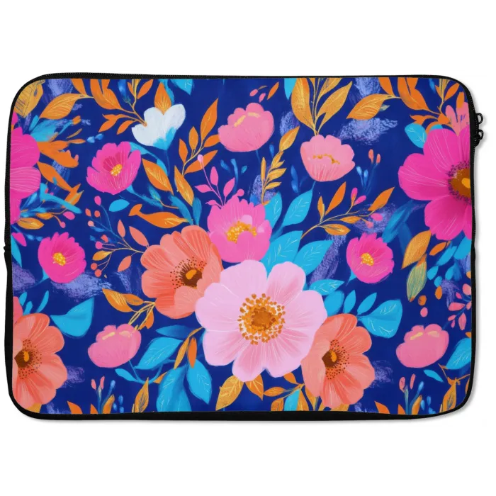 Bloemen - Blauw - Roze laptophoes neopreen klein -zkaufland3dotto