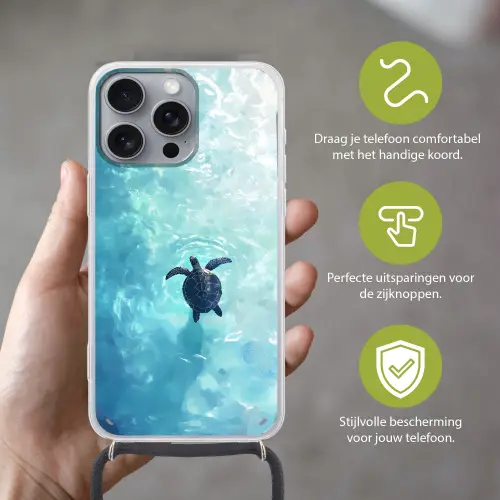 Schildpad - Zee - Blauw - Schittering Hoesje iPhone 16 Pro Max met koord klein -sfeer2_NL