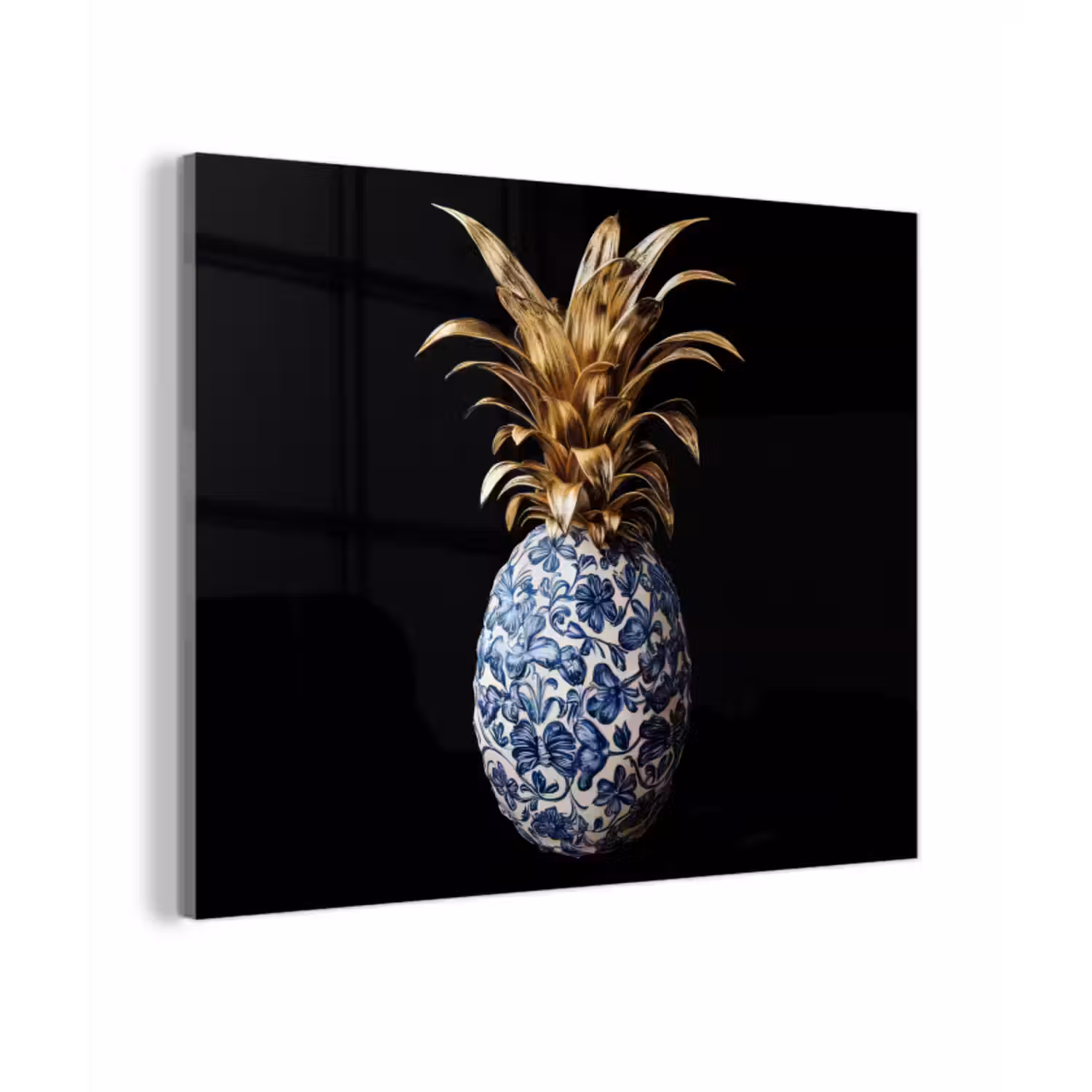 Glas schilderij - Ananas - Bloemen patroon - Goud - Delftsblauw