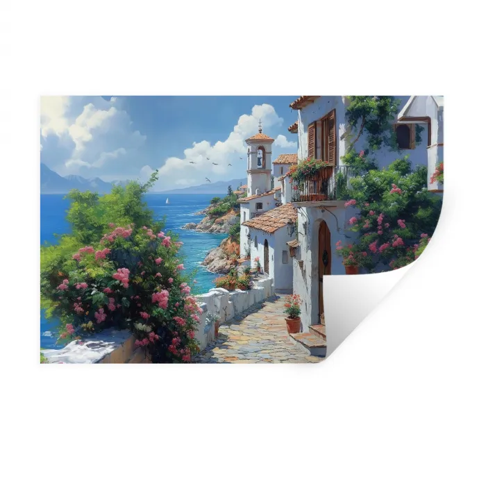 Huizen - Zee - Bomen - Bloemen Muursticker klein -3d