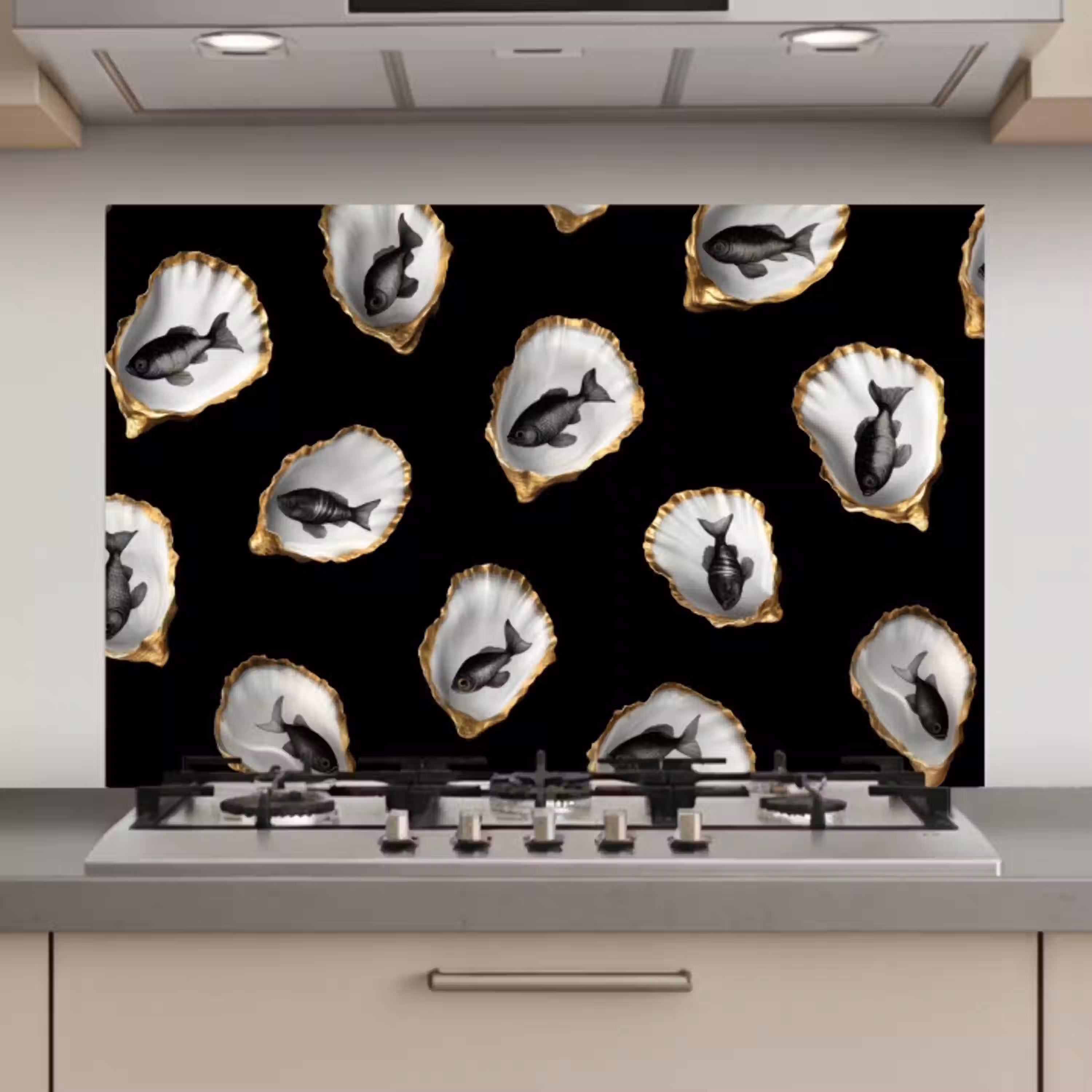 Oesters - Zwart - Vissen - Goud keuken achterwand spatscherm klein -3d_website