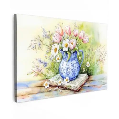 Vaas - Delftsblauw - Madeliefjes Tuinposter op houten frame 2 cm dik klein -3d