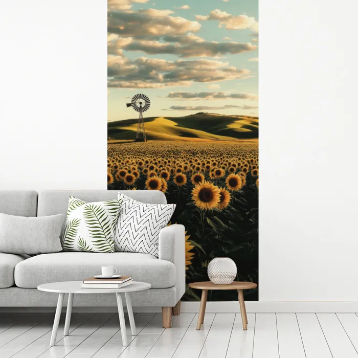 Zonnebloem - Veld - Windmolen fotobehang vinyl groot -woonkamer