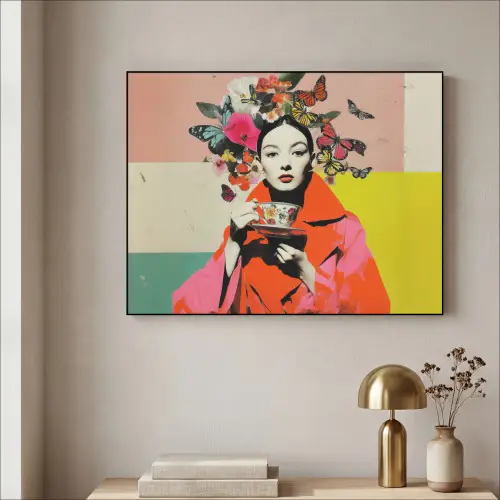 Retro - Vrouw - Kopje - Vlinders Textielframe zwart klein -sfeer2