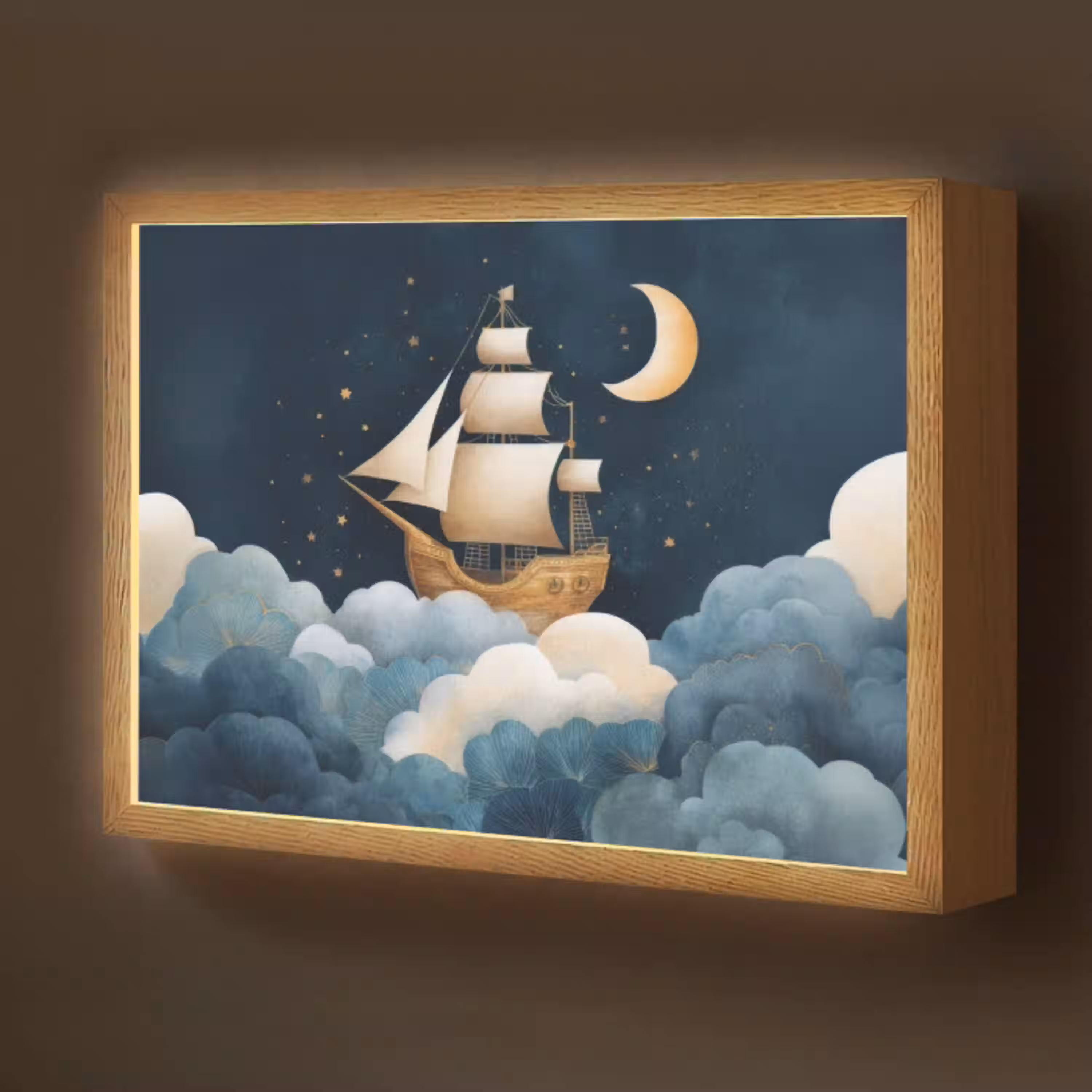 Zeilschip - Sterrenhemel - Wolken - Blauw Light Box met batterij (Wandlamp kind) middel -z3d_website