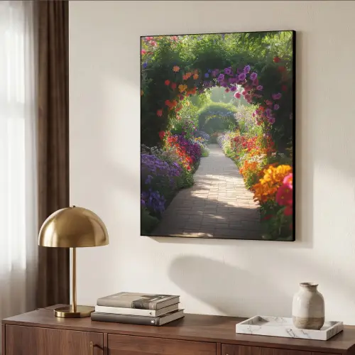 Doorkijk - Pad - Bloemen - Struik - Kleurrijk Textielframe zwart klein -sfeer3