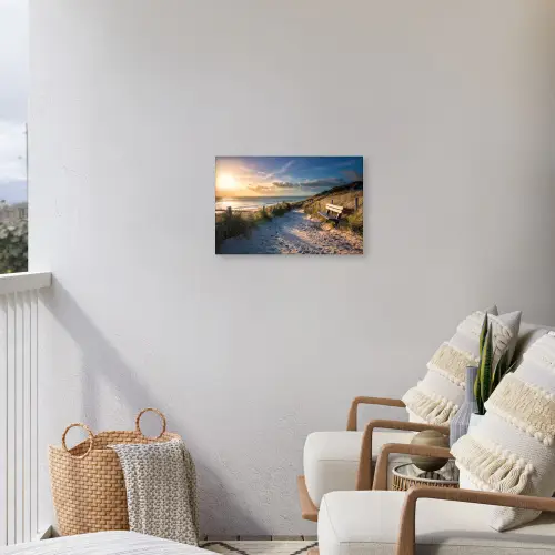 Zonsondergang - Strand - Duin - Gras - Bank Tuinposter op houten frame 2 cm dik klein -sfeer1