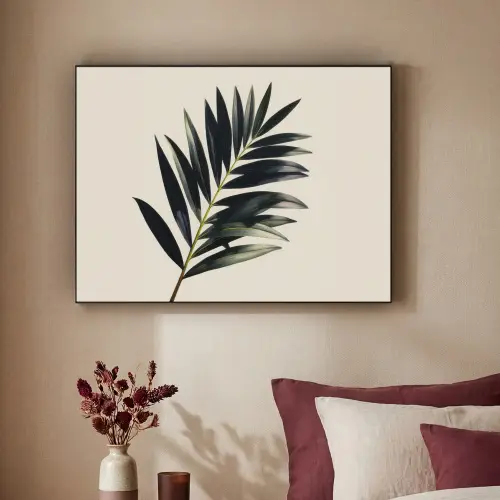 Palmblad - Subtiel - Groen - beige Textielframe zwart klein -sfeer1