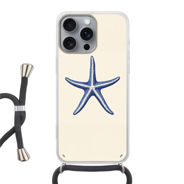 Blauwe zeester - Minimalistisch - Beige Hoesje iPhone 16 Pro Max met koord klein -3d