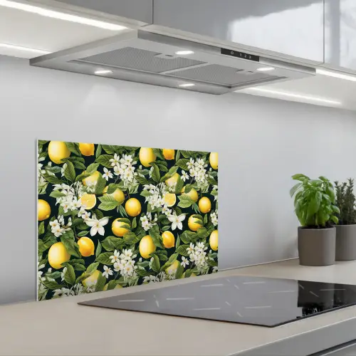 Hangende - Citroenen - Witte - Bloemetjes keuken achterwand spatscherm klein 900 -3d_schuin