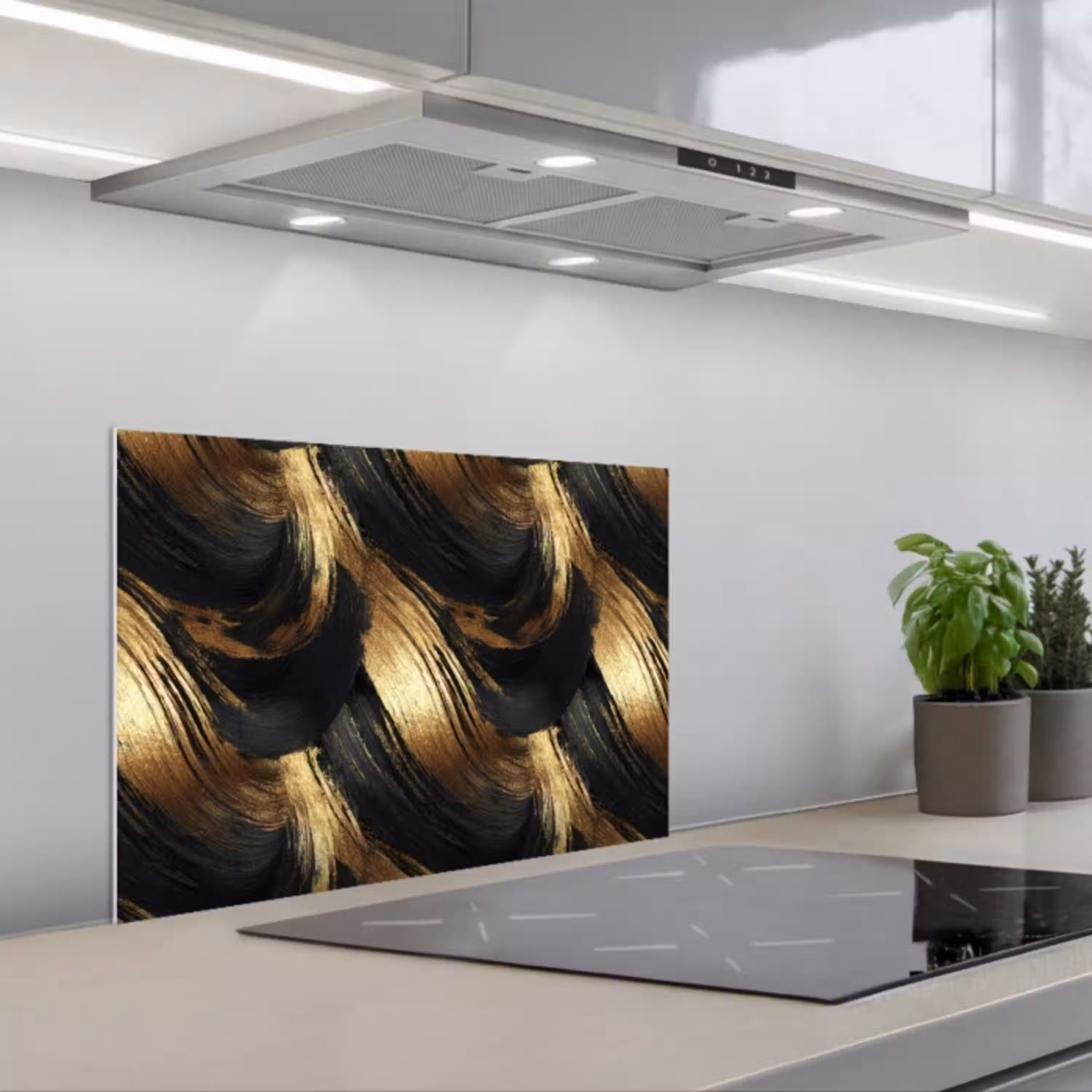 Verfstreken - Abstract - Goud - Zwart keuken achterwand spatscherm klein 900 -3d_schuin