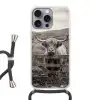 Schotse hooglander - Zwart - Wit - Hout Hoesje iPhone 16 Pro Max met koord klein -3d