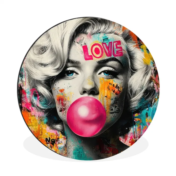Vrouw - Kauwgom - Graffiti - Neonkleuren Wandcirkel aluminium klein -3d
