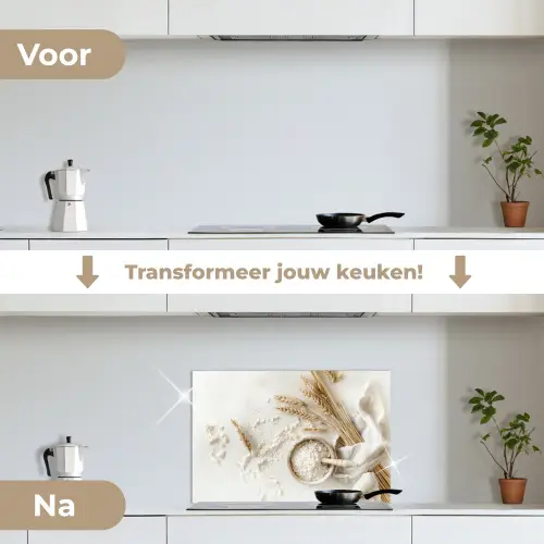 Bloem - Hout - Tarwe keuken achterwand spatscherm klein -voor_na_NL