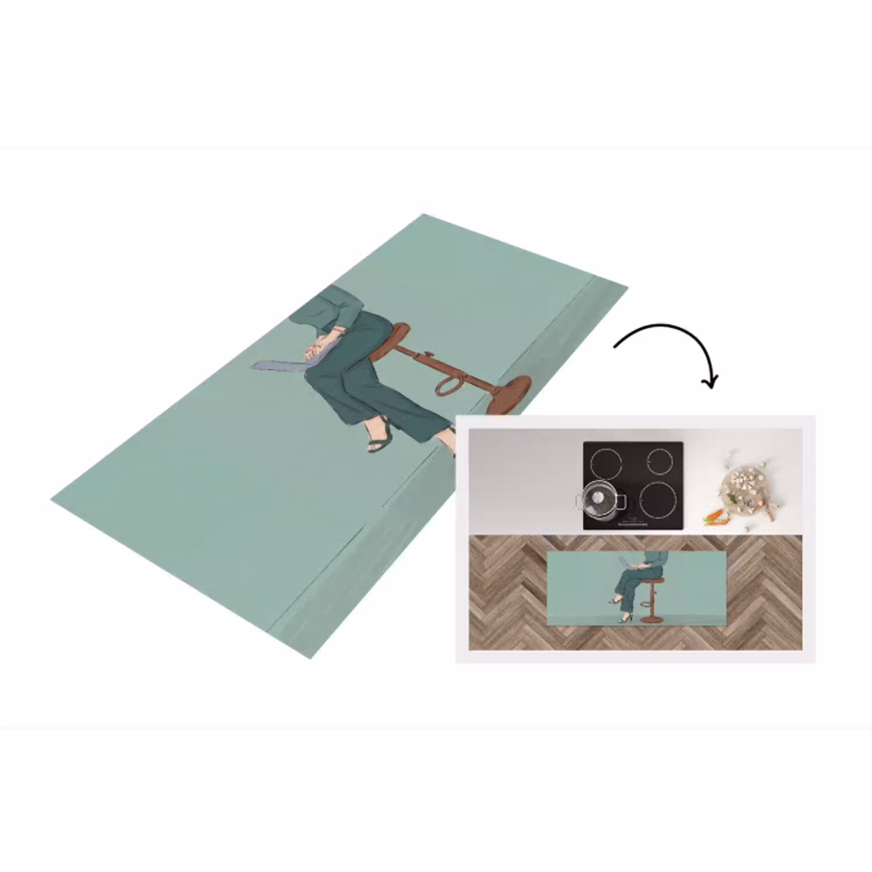 Vrouw - Laptop - Zittend - Illustratie - Groen Keukenloper - keukenmat middel -3d