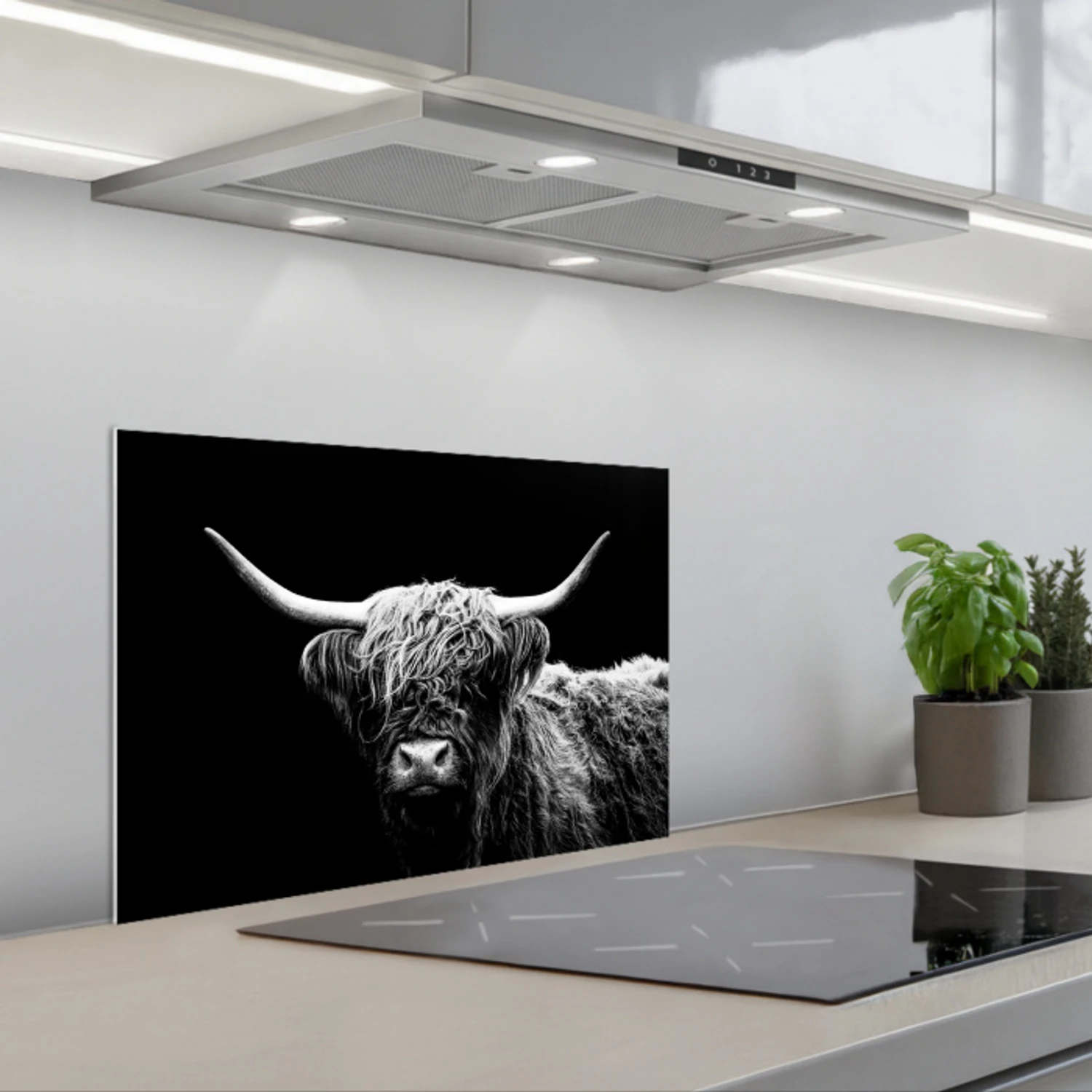 Schotse Hooglander - Koe - Zwart - Wit - Dieren keuken achterwand spatscherm klein -3d_schuin