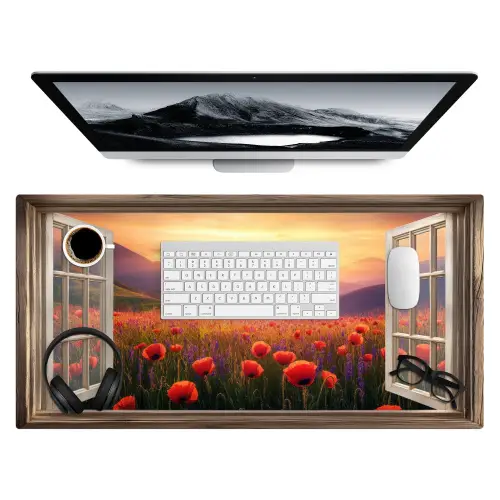 Doorkijk - Klaprozen - Bloemen - Rood - Open raam Muismat XXL klein -3d