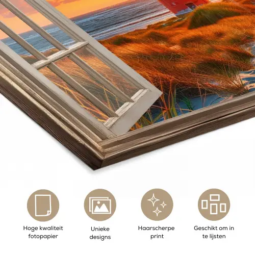 Doorkijk - Raam - Vuurtoren - Zonsondergang - Strand poster papier klein -closeup_NL