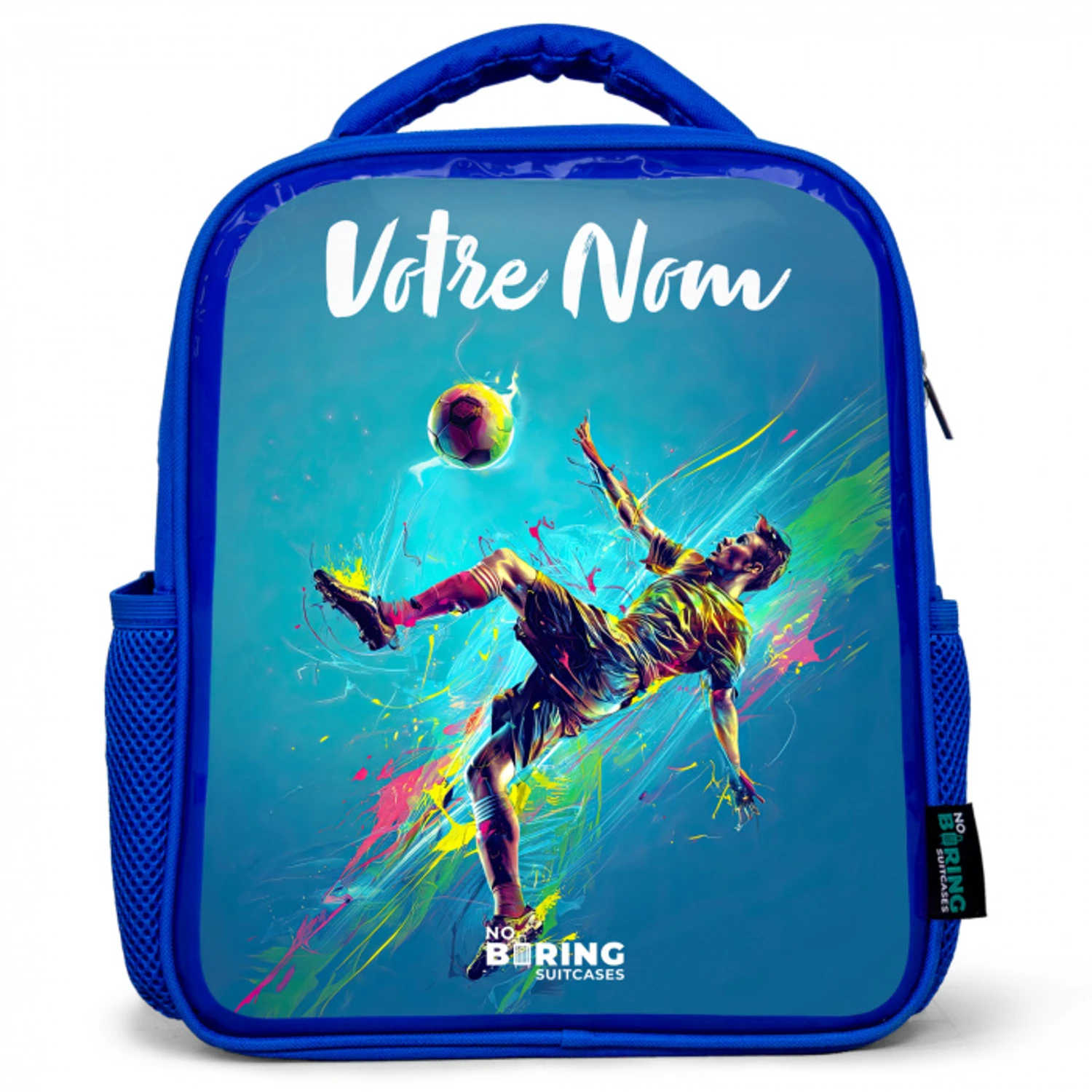 Neon - Voetbal - Schop - Kleurrijk Kinderrugzak - Blauw middel -3d