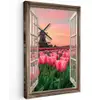 Doorkijk - Tulpen - Bloemen - Molen - Raam Tuinposter op houten frame 2 cm dik klein -3d