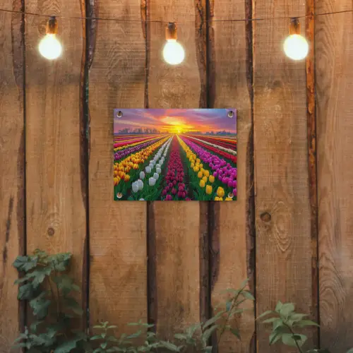 Tulpenveld - Zonsondergang - Kleurrijk tuinposter los doek klein -sfeer1