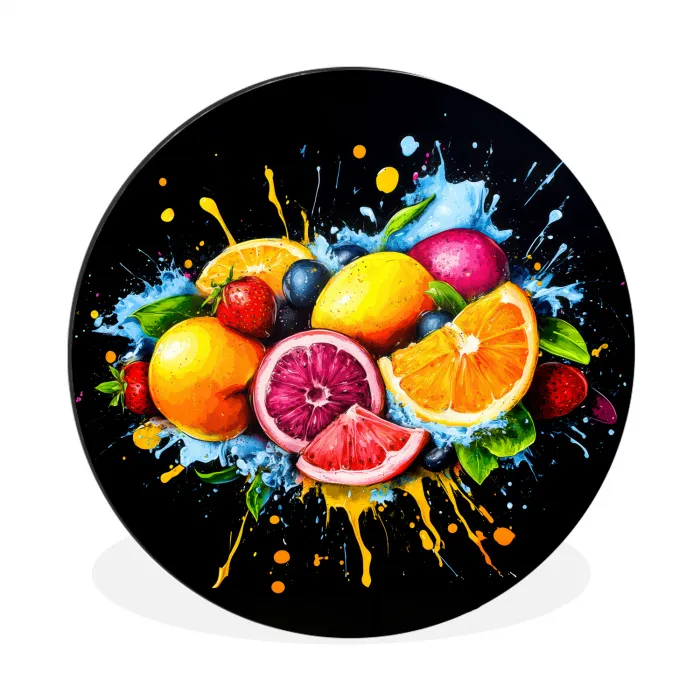 Fruit - Graffiti - Kleurrijk - Sinaasappel - Aardbei - Abstract Wandcirkel aluminium klein -3d