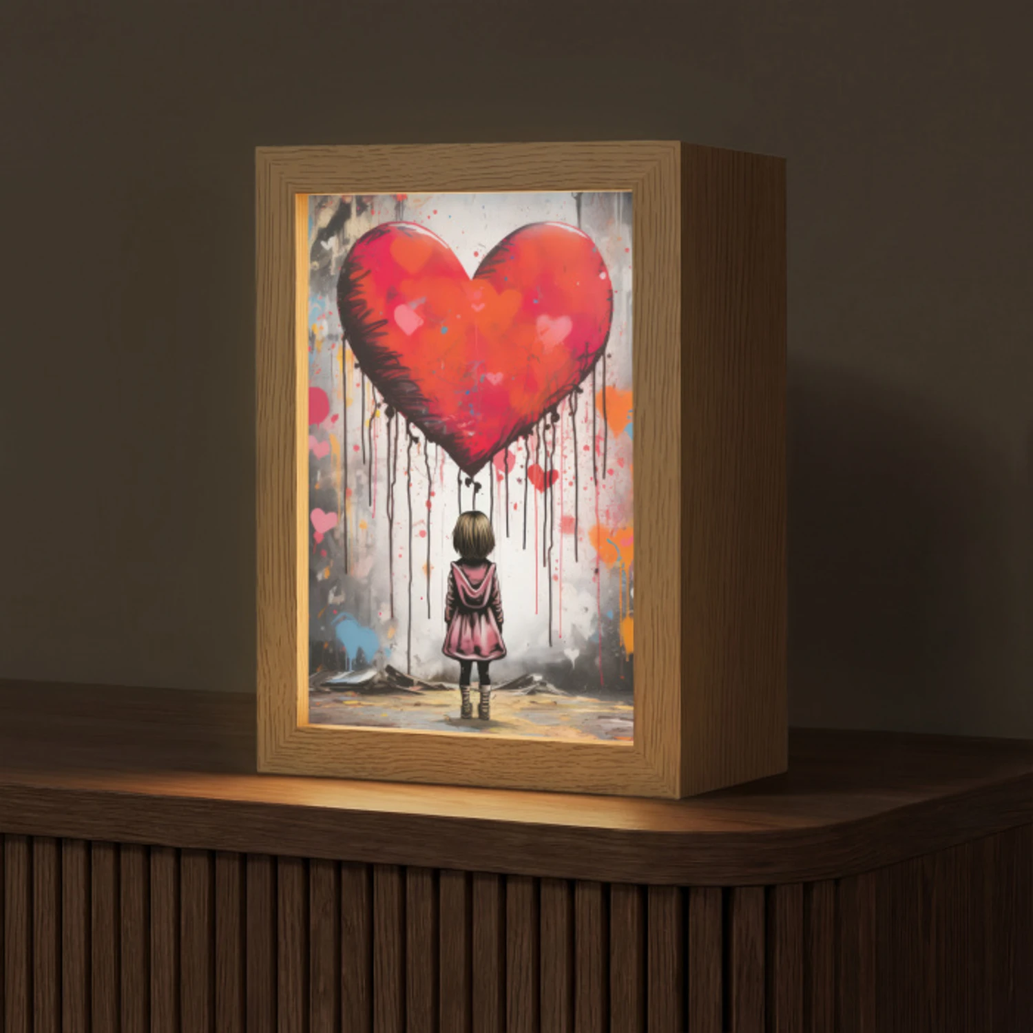 Meisje - Hart - Graffiti - Kunst - Kleuren - Rood Light Box met kabel (Tafellamp) klein -z3d_website
