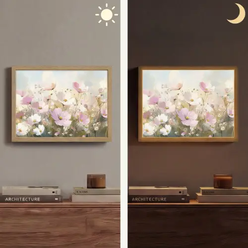 Bloemenveld - Lichte tinten - Geschilderd Light Box met batterij (Wandlamp) middel -sfeer3