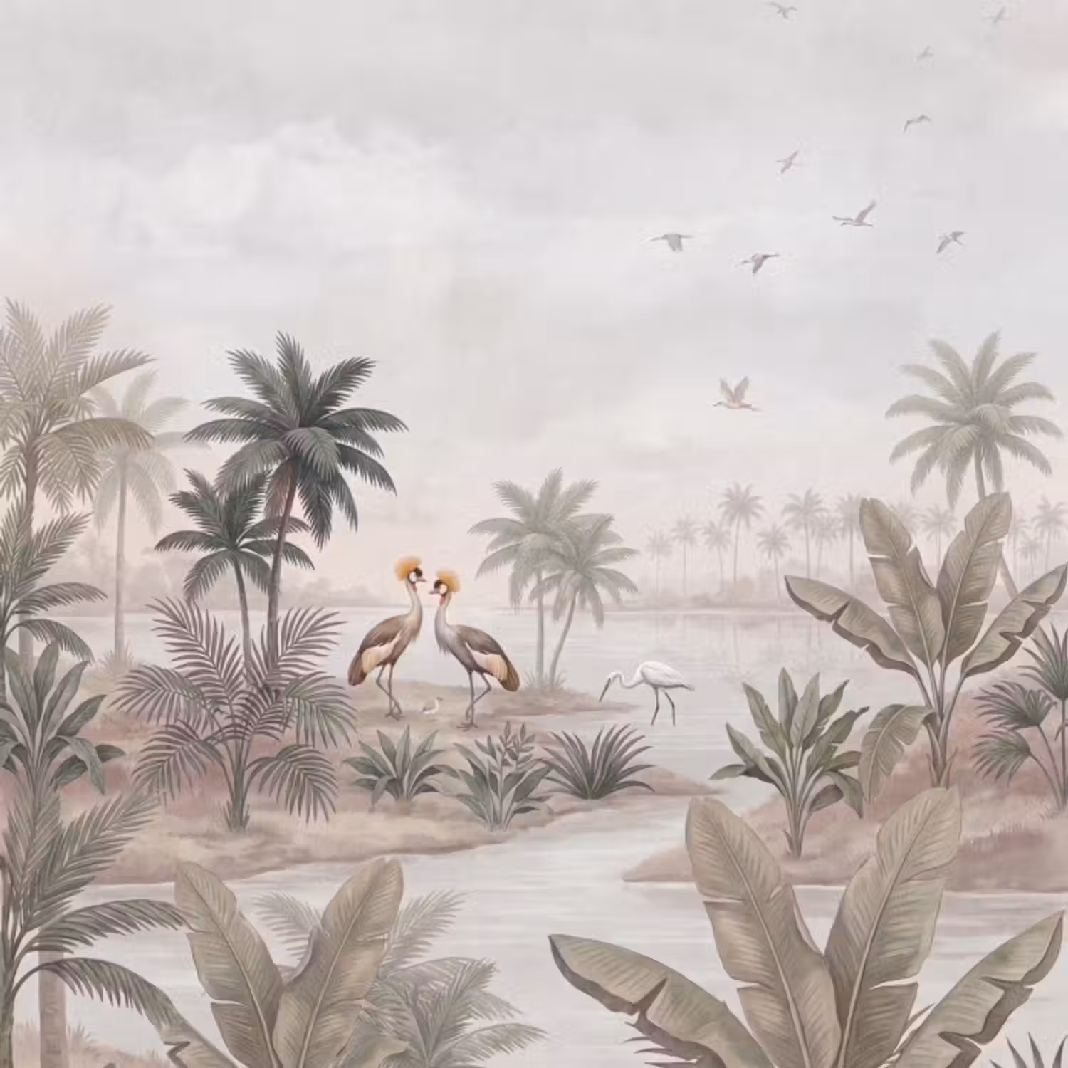 Behang - Kraanvogels - Palmbomen - Tropisch