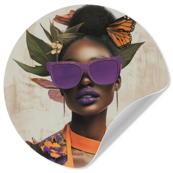 Vrouw - Zonnebril - Vlinder - Bloemen Wandcirkel behangsticker klein -3d