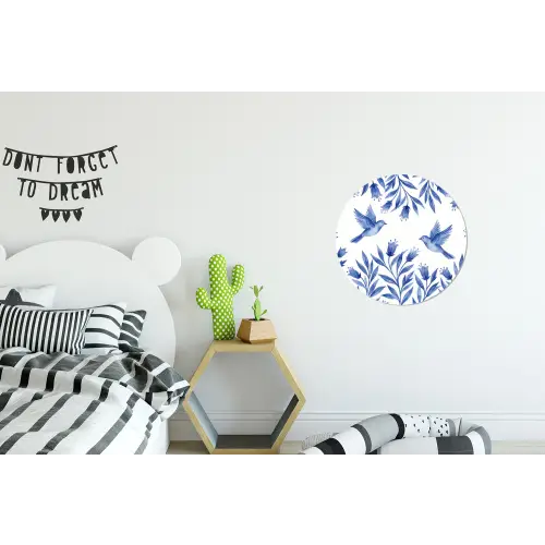 Modern - Vogels - Delfts - Blauw Wandcirkel aluminium klein -kinderkamer