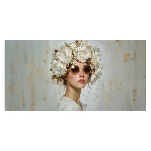 Schilderij - Vrouw - Zonnebril - Bloemenkrans Muismat XXL klein -3d_leeg