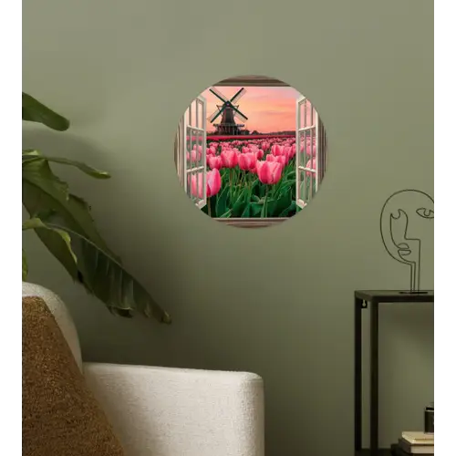 Doorkijk - Tulpen - Bloemen - Molen - Raam Wandcirkel behangsticker klein -sfeer2