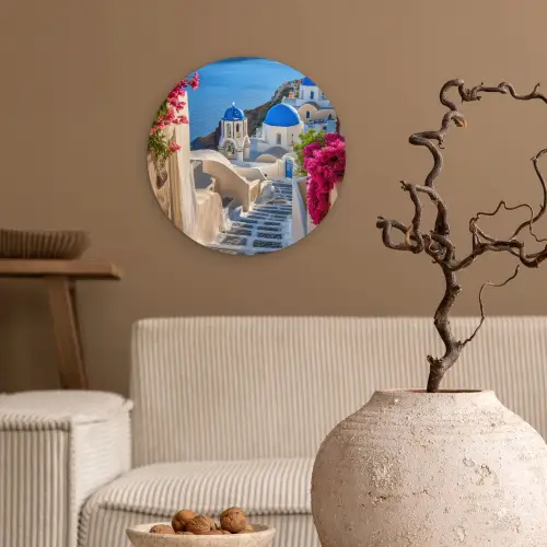 Santorini - Bloemen - Griekenland Wandcirkel plexiglas klein -sfeer1